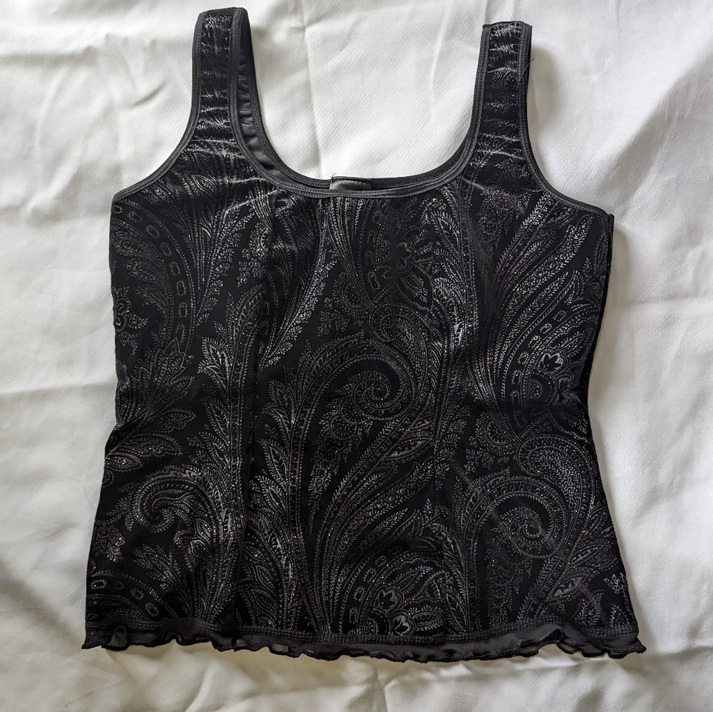 Black velvet silver paisley print top Size: Large